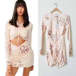 NWT With Jean XS Hermana cutout long sleeve mini dress in Chalk and Flowers